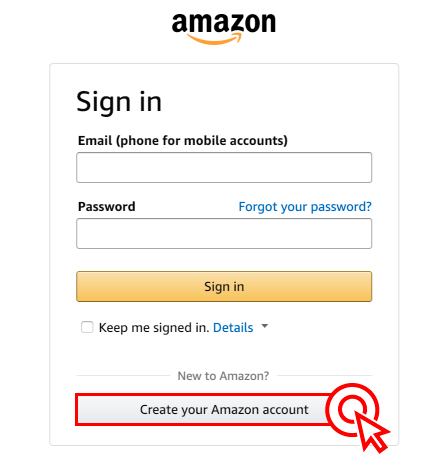 2)아마존 로그인 창이 나오면 회원 가입을 위해서 아래에 있는 “Create your Amazon account” 버튼을 클릭해주세요.