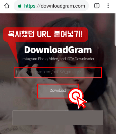 4)다운로드그램 “downloadgram.com”으로 접속한 뒤, 복사했었던 URL을 붙여넣고 아래 있는 “Download” 버튼을 선택해주세요.