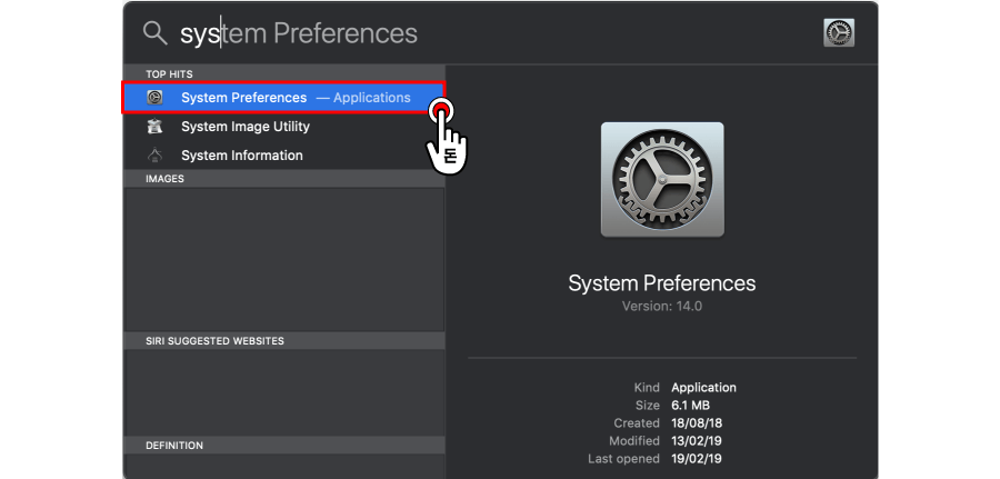 오른쪽 상단에 찾기 아이콘을 클릭한 뒤 System Preferences를 검색해서 클릭해주세요.