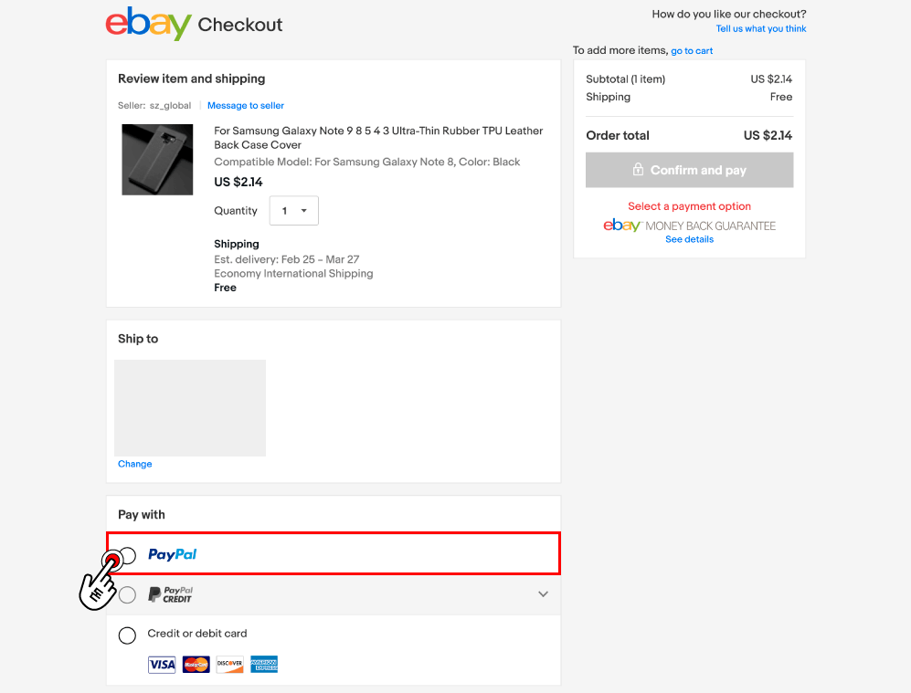 아래는 이베이에서 상품에 대해 결제하는 화면입니다. 결제 방법 중에서 페이팔(Paypal) 로고를 클릭해주세요.