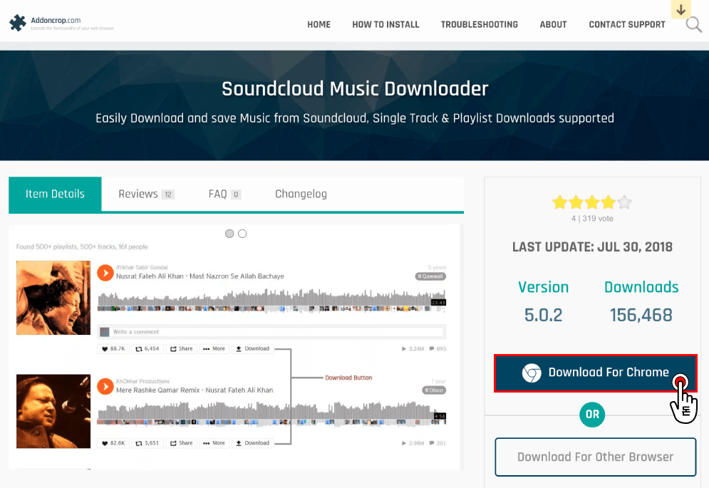 Soundcloud 다운 사이트에 방문한 뒤 Download For Chrome 버튼을 클릭해주세요.